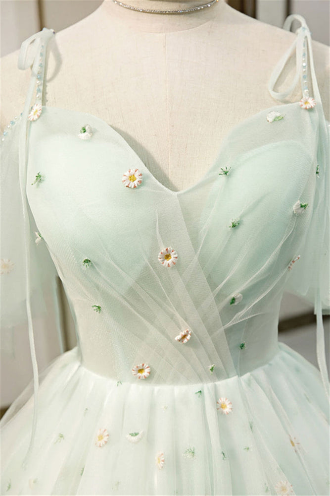 
                      
                        Straps Mint Green Appliques A-line Short Dress
                      
                    