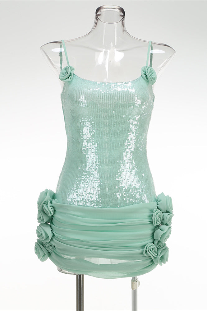 
                      
                        Straps Mint Green Sequin Short Dress with 3D Floral
                      
                    