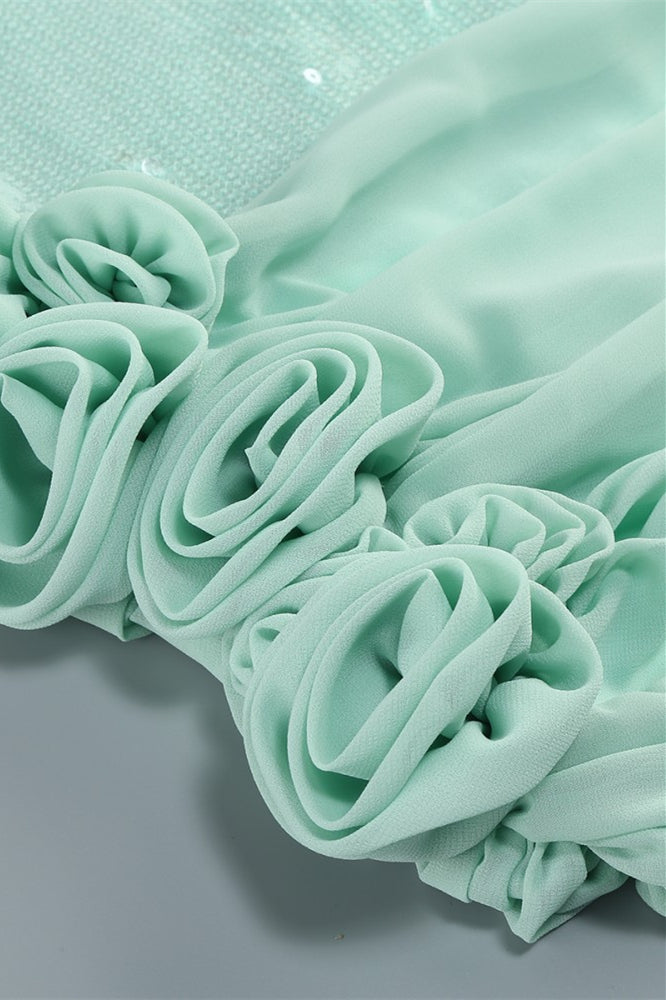 
                      
                        Straps Mint Green Sequin Short Dress with 3D Floral
                      
                    