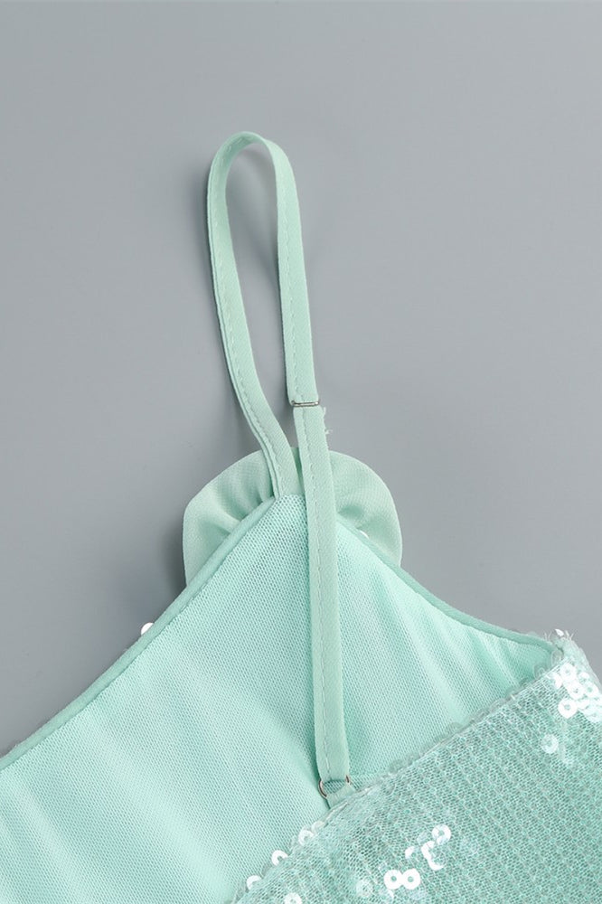 
                      
                        Straps Mint Green Sequin Short Dress with 3D Floral
                      
                    