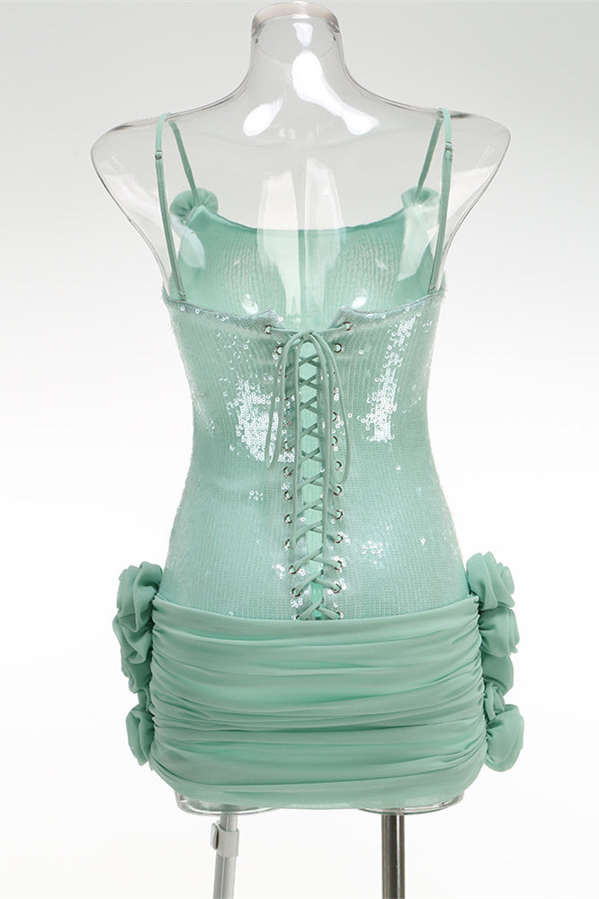 
                      
                        Straps Mint Green Sequin Short Dress with 3D Floral
                      
                    