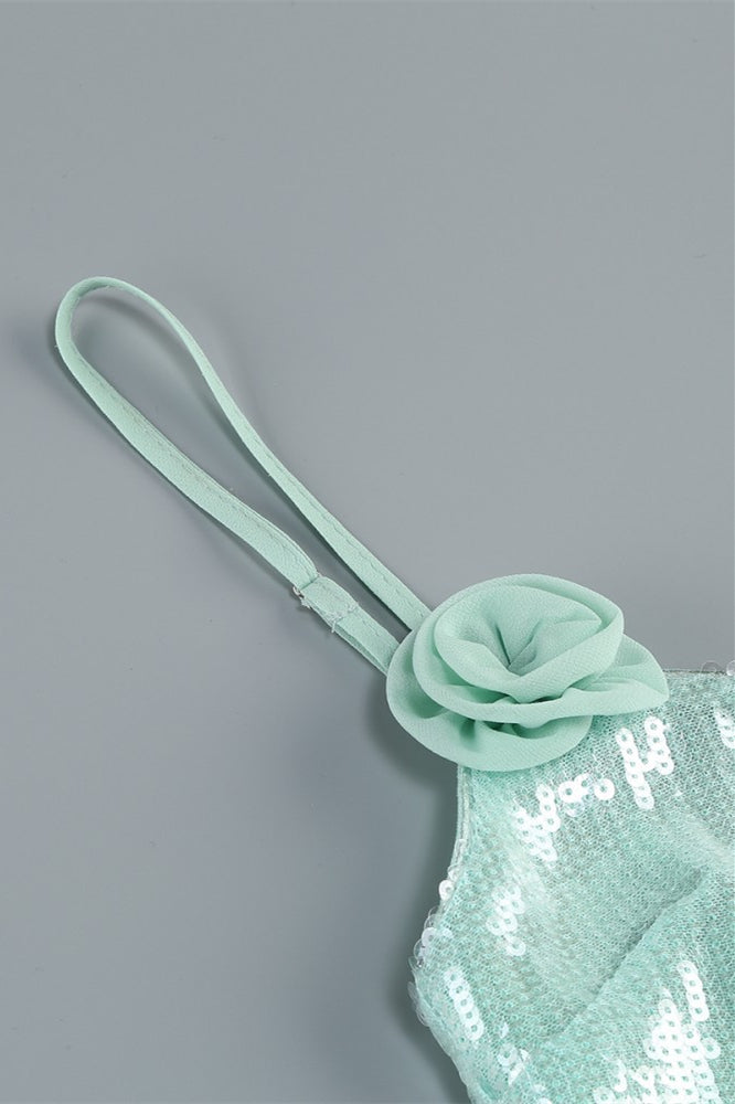 
                      
                        Straps Mint Green Sequin Short Dress with 3D Floral
                      
                    