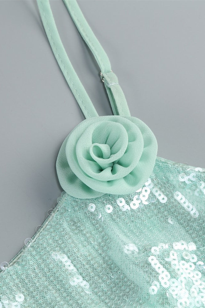 
                      
                        Straps Mint Green Sequin Short Dress with 3D Floral
                      
                    