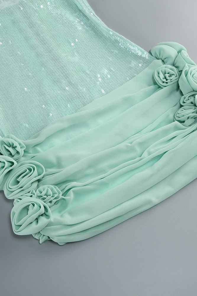 
                      
                        Straps Mint Green Sequin Short Dress with 3D Floral
                      
                    