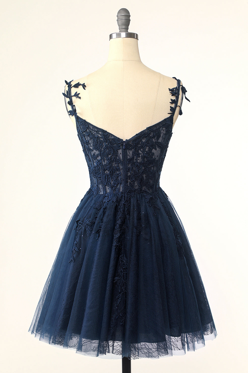 Straps Navy Blue Appliques A-line Short Dress – PollyBoutique