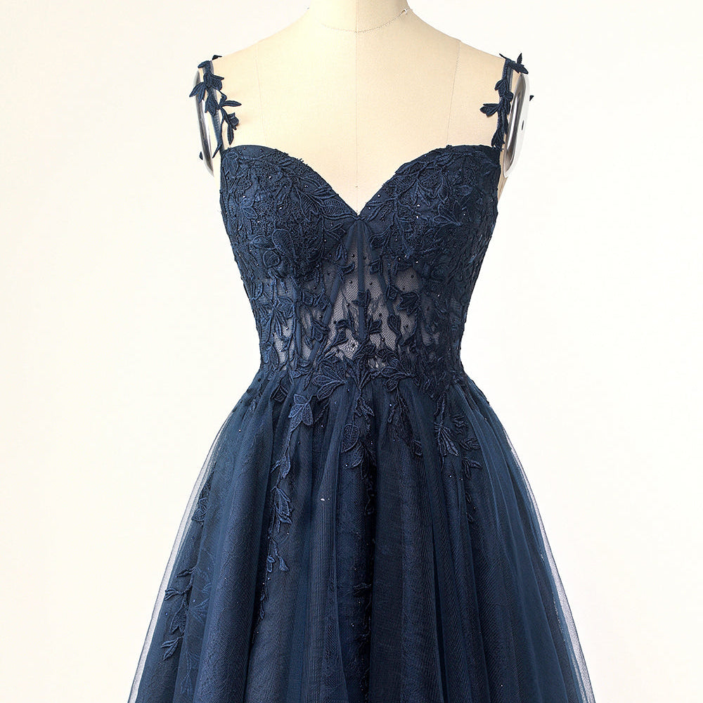 Straps Navy Blue Appliques A-line Short Dress – PollyBoutique