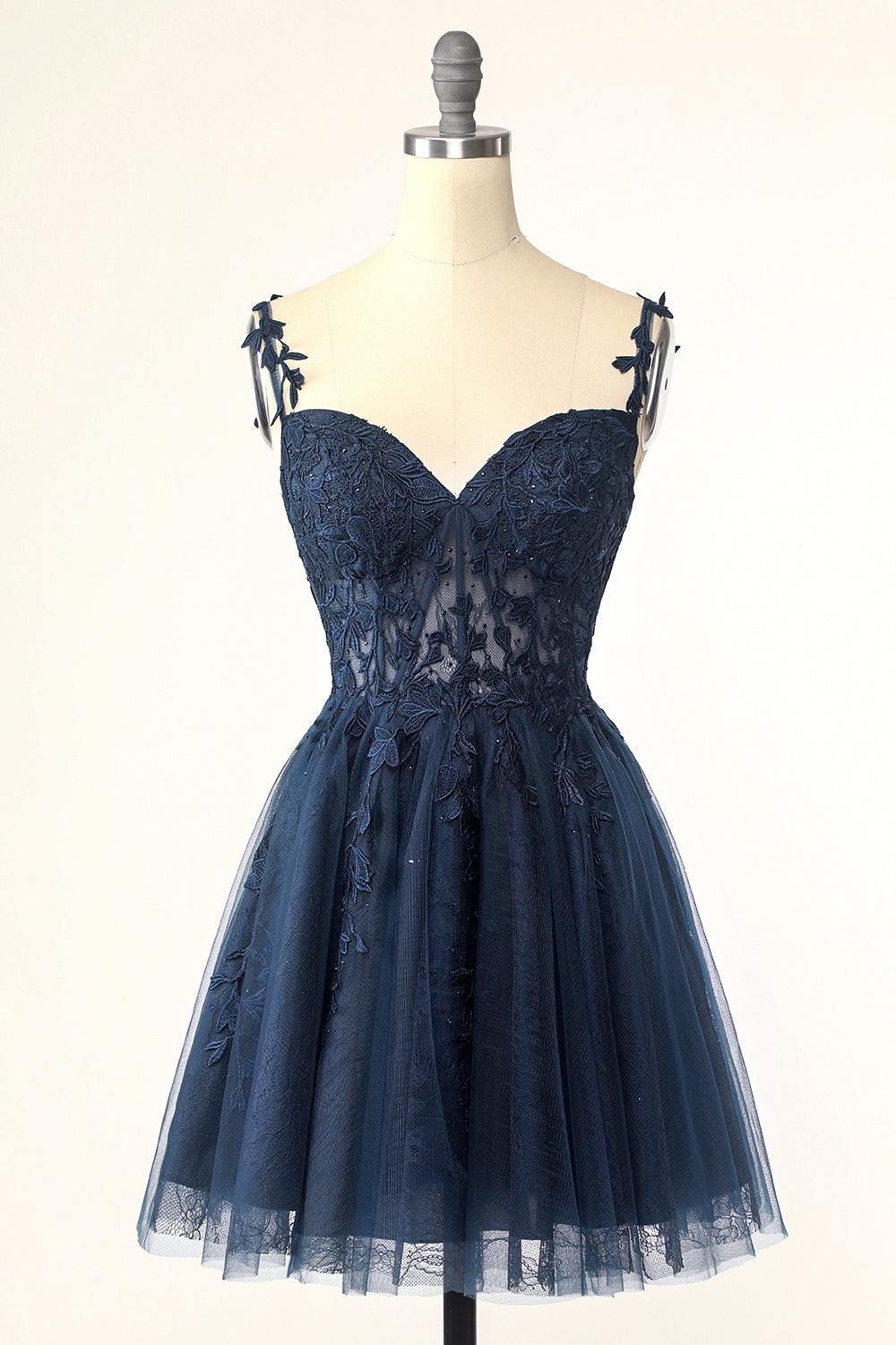 Straps Navy Blue Appliques A-line Short Dress