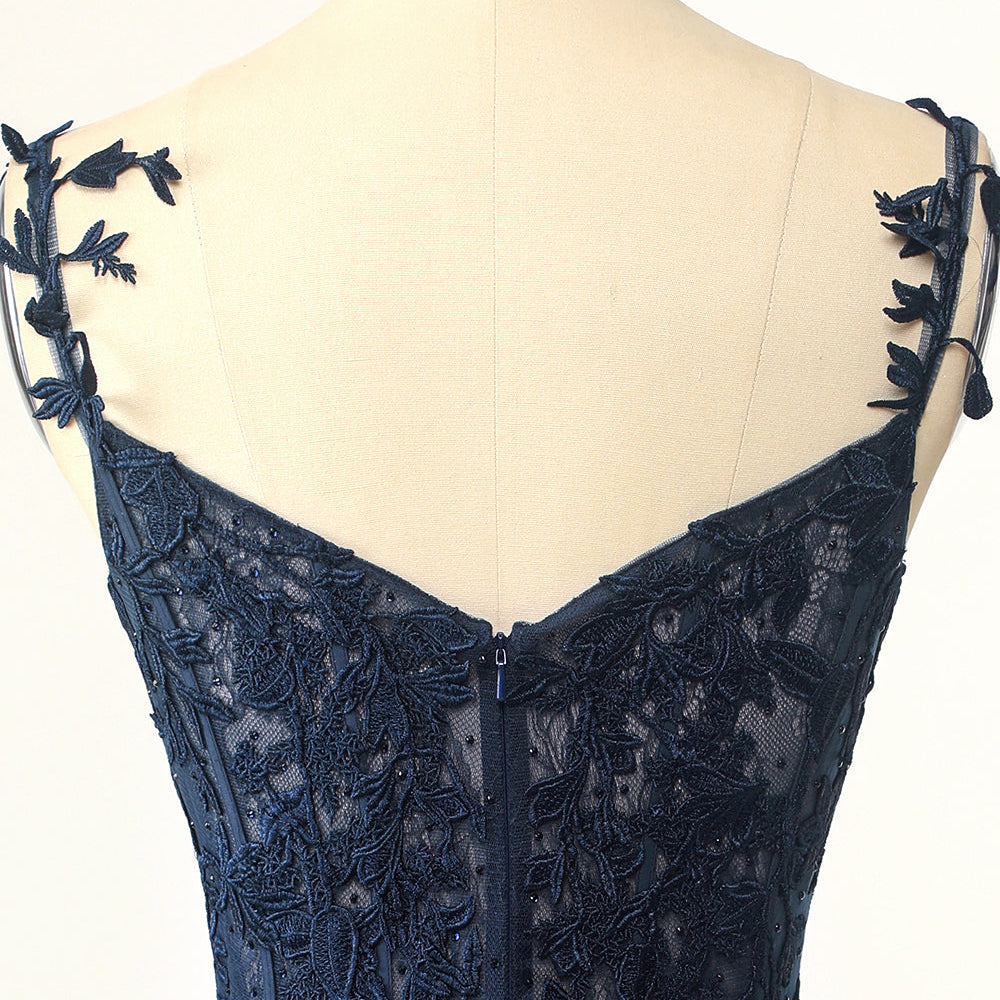 
                      
                        Straps Navy Blue Appliques A-line Short Dress
                      
                    