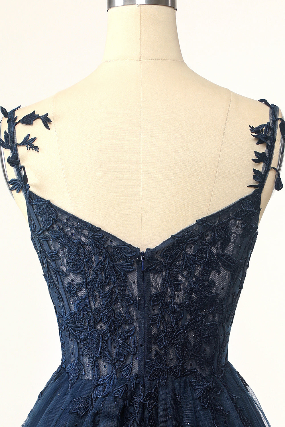 Straps Navy Blue Appliques A-line Short Dress – PollyBoutique