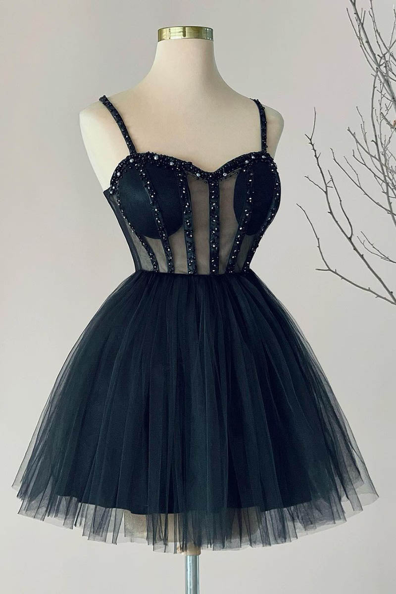 Straps Navy Blue Beaded A-line Short Dress