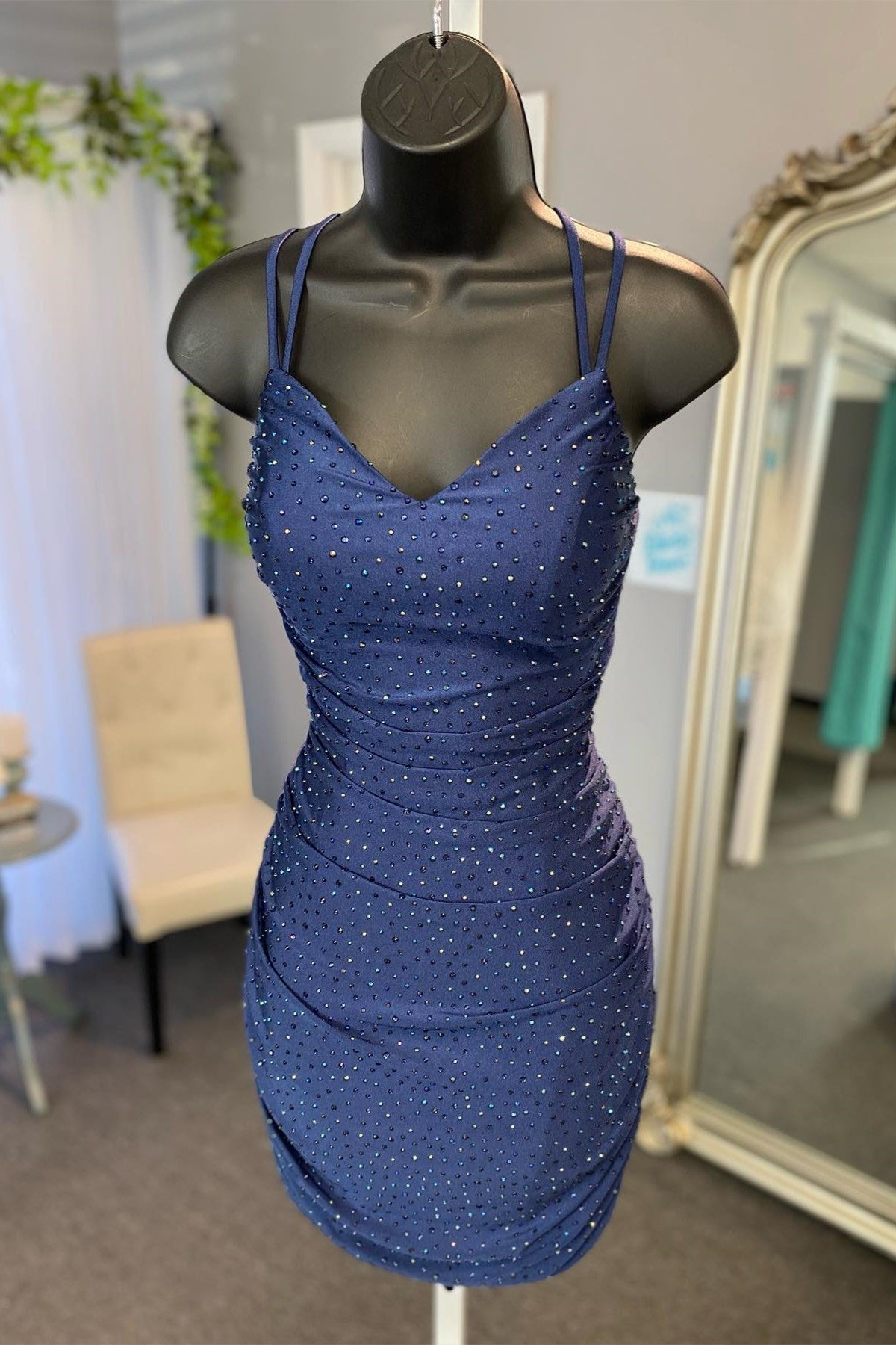 Straps Navy Blue Beaded Bodycon Short Dress – PollyBoutique