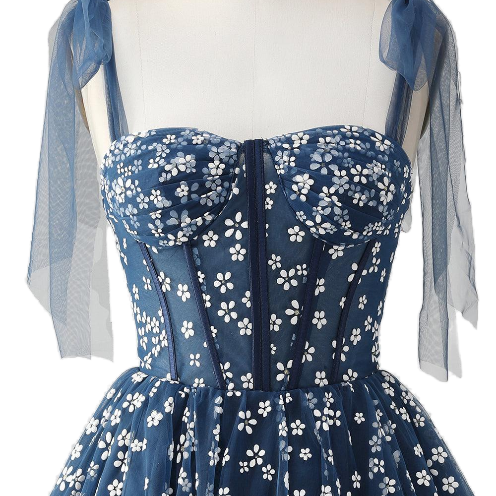 
                      
                        Straps Navy Blue Floral Print Short Princess Dress
                      
                    