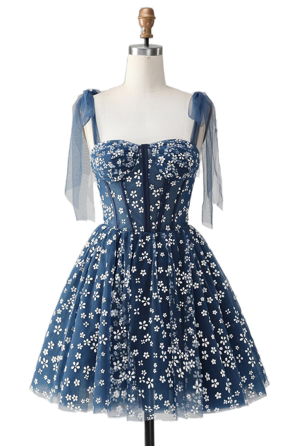 Straps Navy Blue Floral Print Short Princess Dress