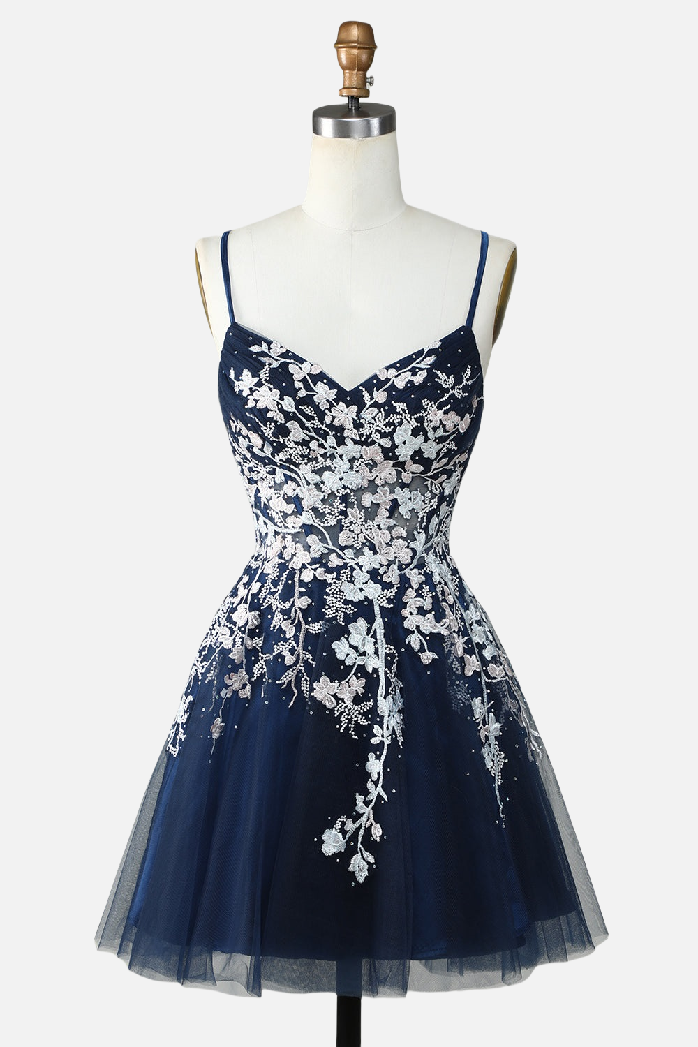 Straps Navy Blue Floral Embroidery Short Dress