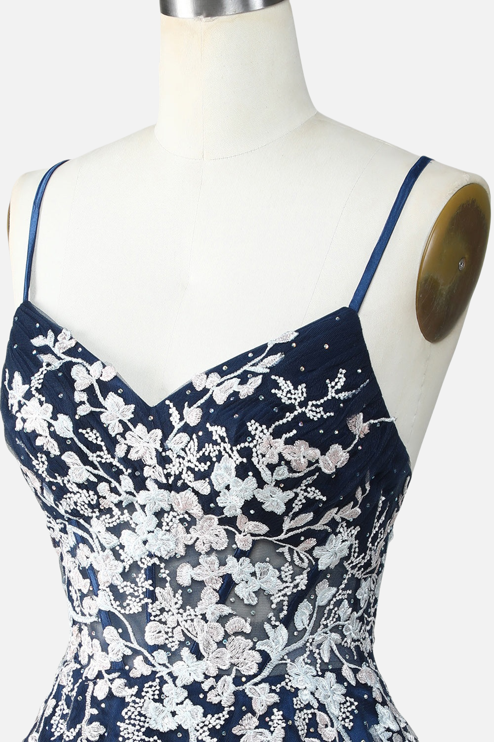 Strapless Mini Dress with Floral Embroidery and Back Lace-Up - Blue