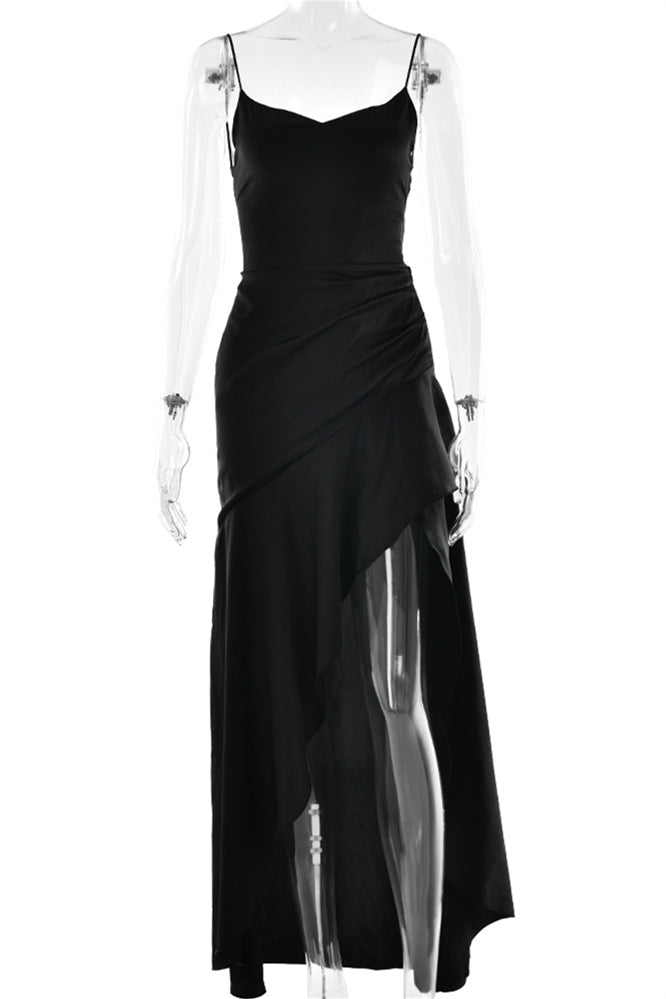 
                      
                        Straps Navy Blue Ruffled Hem Long Dress with Slit
                      
                    