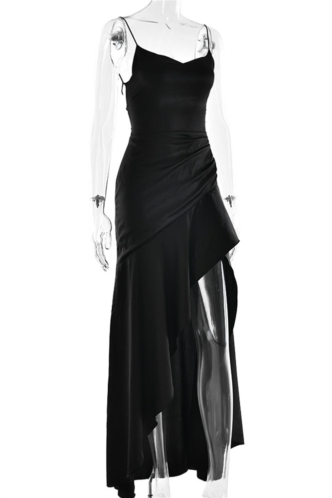 
                      
                        Straps Navy Blue Ruffled Hem Long Dress with Slit
                      
                    