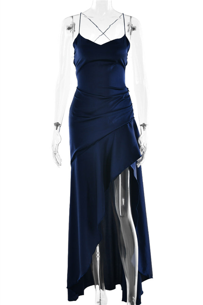 Straps Navy Blue Ruffled Hem Long Dress with Slit