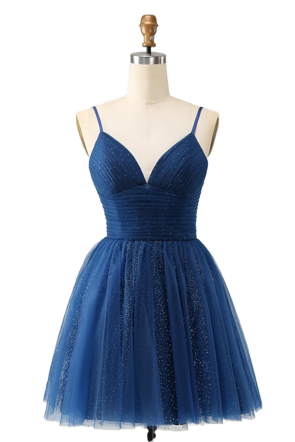 Straps Navy Blue Sparkle Tulle Short Party Dress