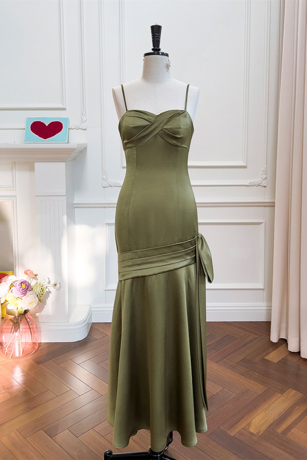 Straps Olive Green Mermaid Long Dress with Shawl