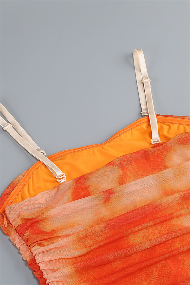 
                      
                        Straps Orange Floral Print Ruched Long Dress with Slit
                      
                    