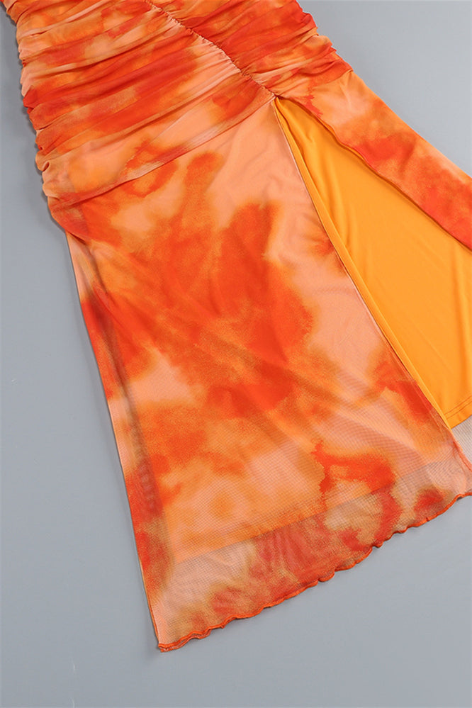 
                      
                        Straps Orange Floral Print Ruched Long Dress with Slit
                      
                    