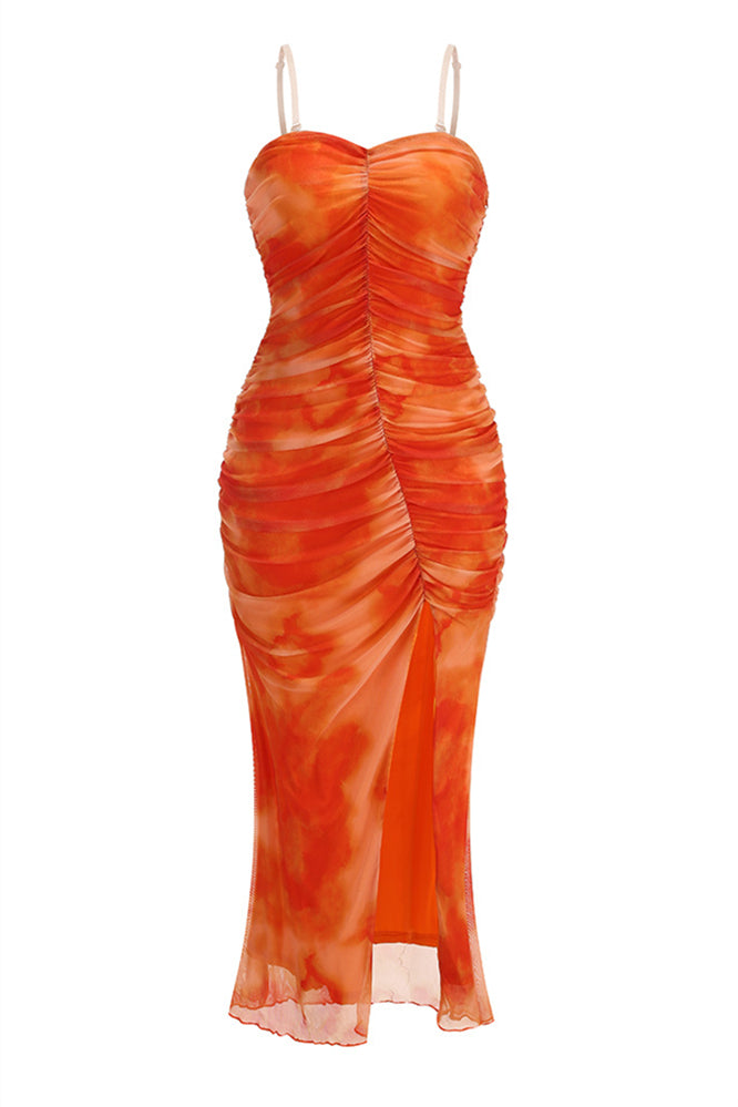Straps Orange Floral Print Ruched Long Dress with Slit