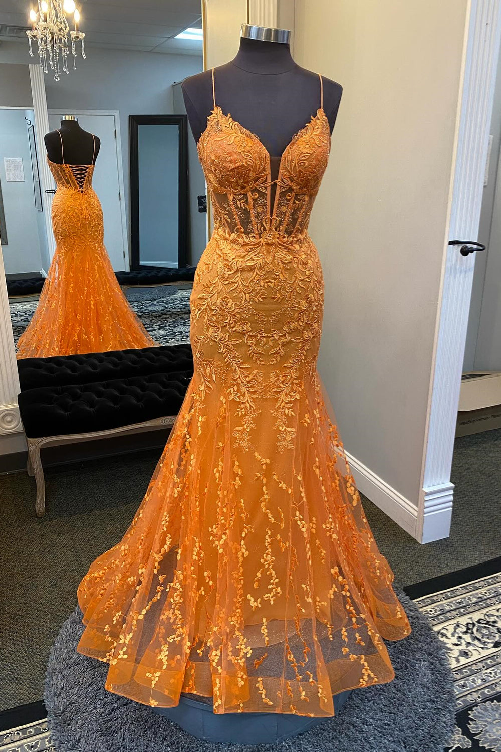 Straps Orange Lace Appliques Mermaid Long Dress