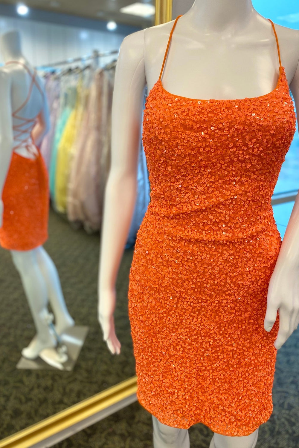 Straps Orange Sequin Tight Short Dress