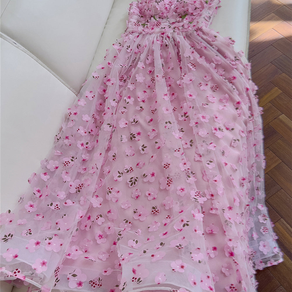 
                      
                        Straps Pink 3D Floral A-line Long Dress with Belt
                      
                    