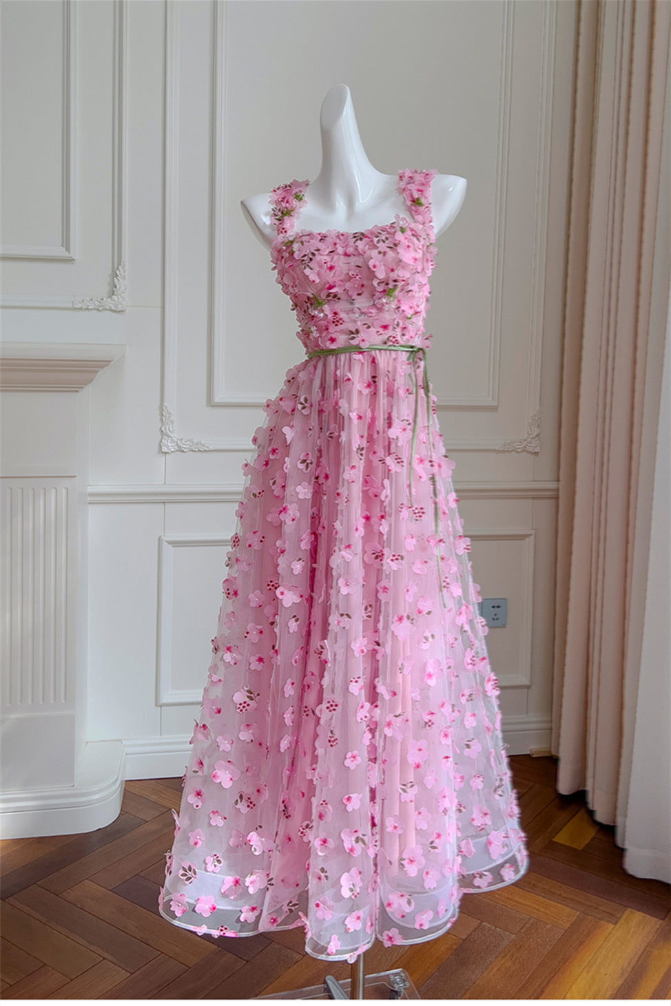 Straps Pink 3D Floral A-line Long Dress with Belt