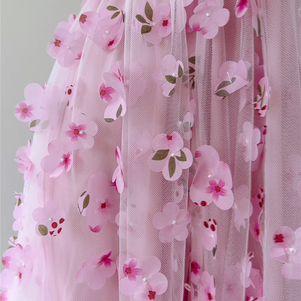 
                      
                        Straps Pink 3D Floral A-line Long Dress with Belt
                      
                    