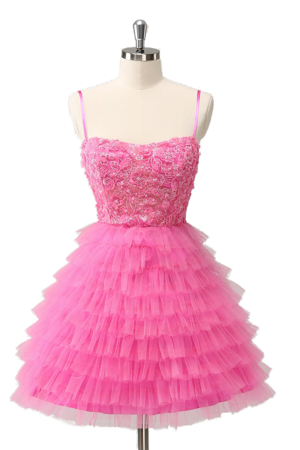 Straps Pink 3D Floral Ruffles Short Princess Dress