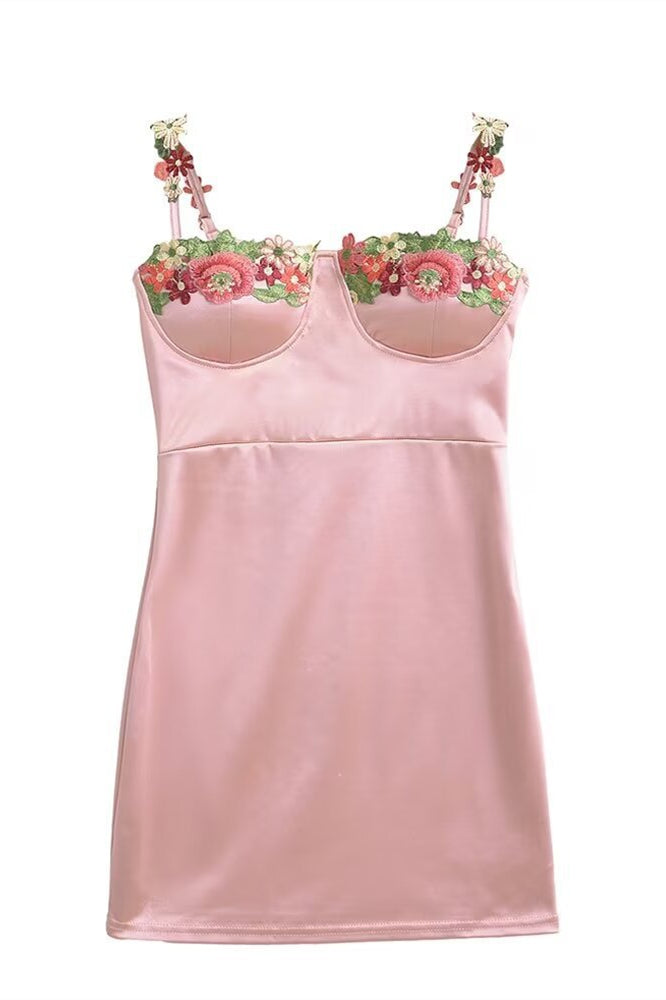 Straps Pink 3D Floral Satin Mini Dress