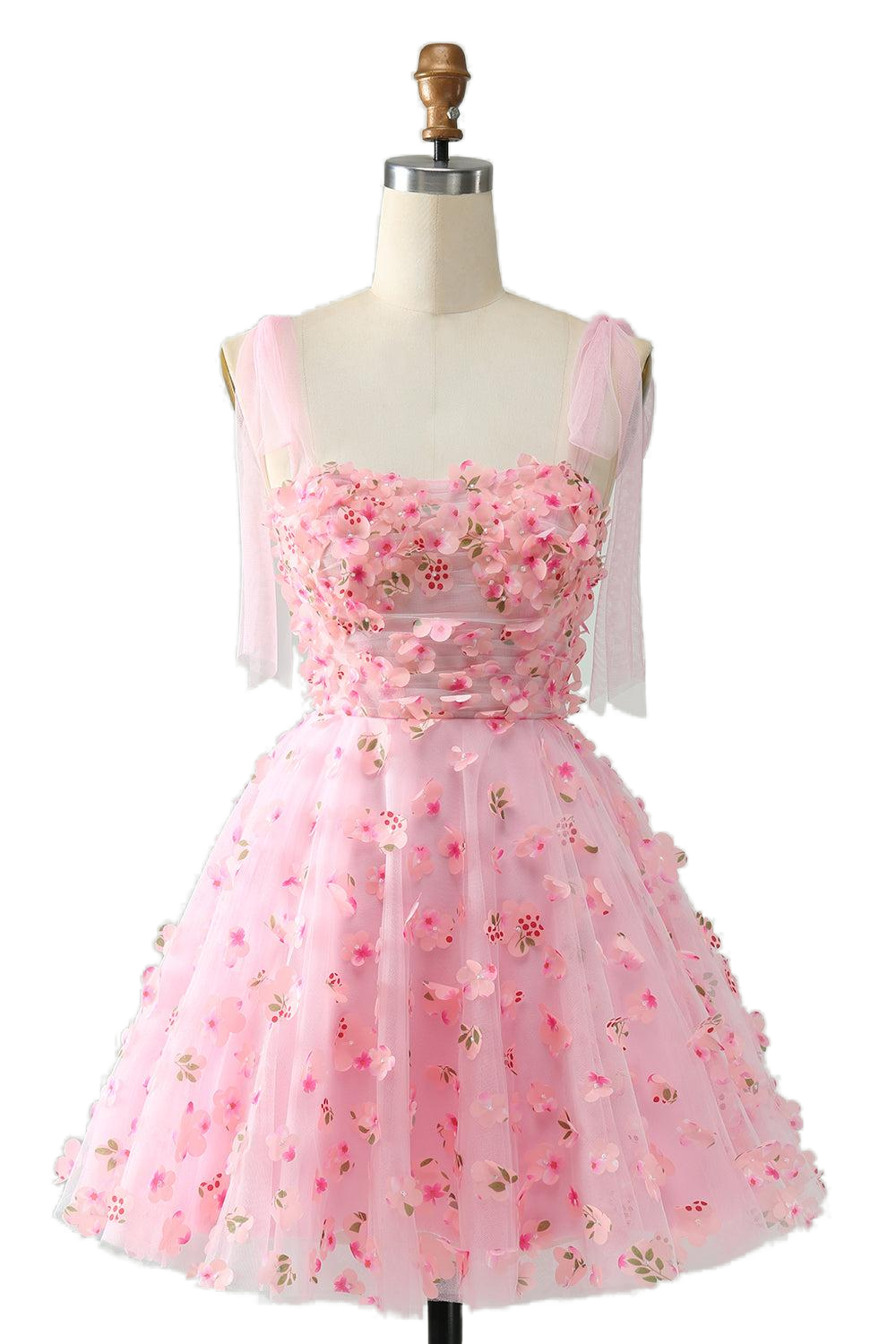 Straps Pink 3D Floral Short Princess Dress