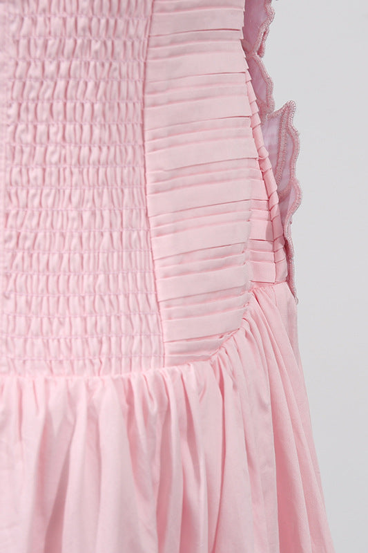 
                      
                        Straps Pink Appliques Pleated Long Dress with Slit
                      
                    
