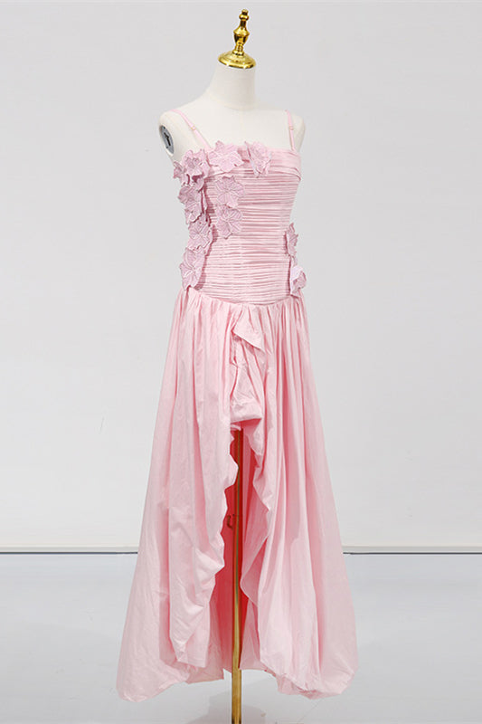 
                      
                        Straps Pink Appliques Pleated Long Dress with Slit
                      
                    