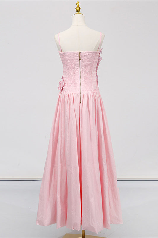 
                      
                        Straps Pink Appliques Pleated Long Dress with Slit
                      
                    
