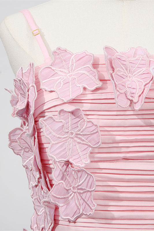 
                      
                        Straps Pink Appliques Pleated Long Dress with Slit
                      
                    
