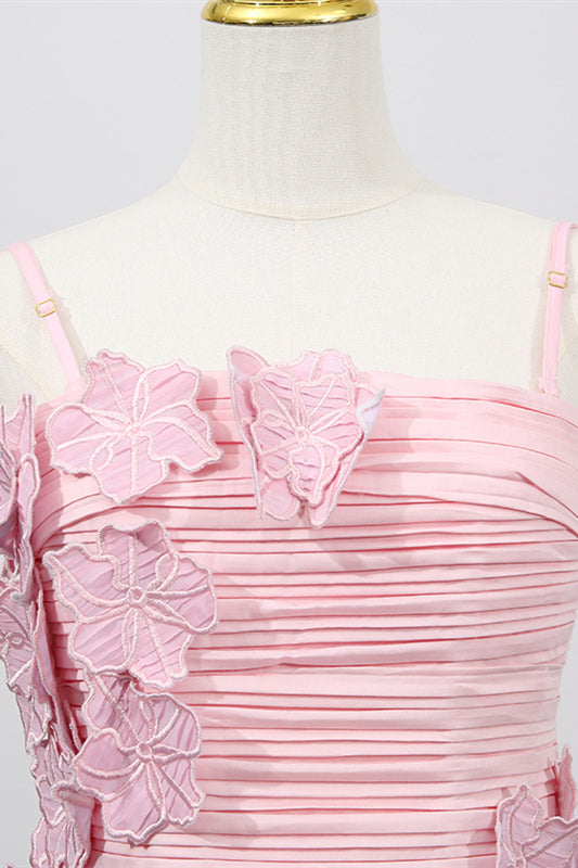 
                      
                        Straps Pink Appliques Pleated Long Dress with Slit
                      
                    