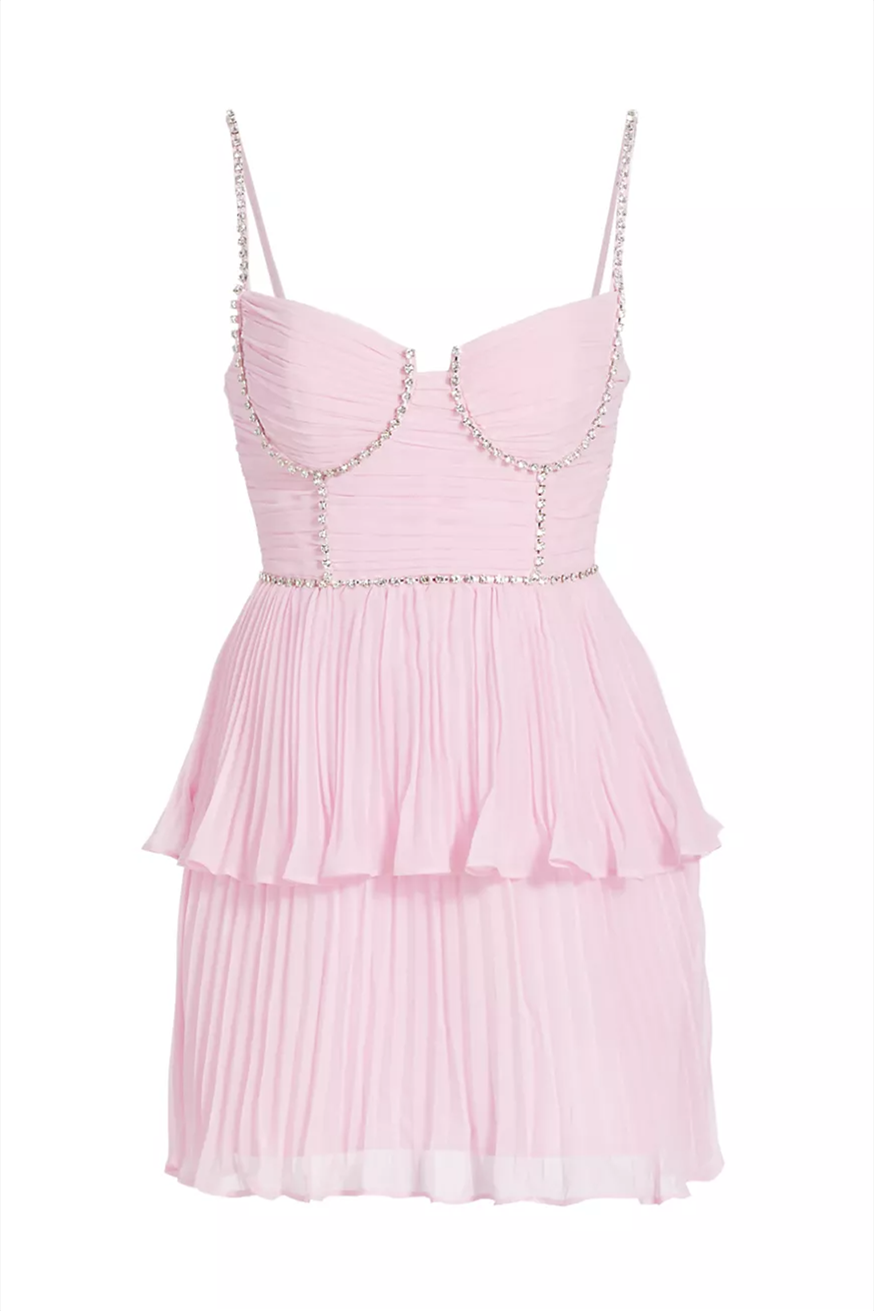 Straps Pink Beaded Tiered Chiffon Short Dress