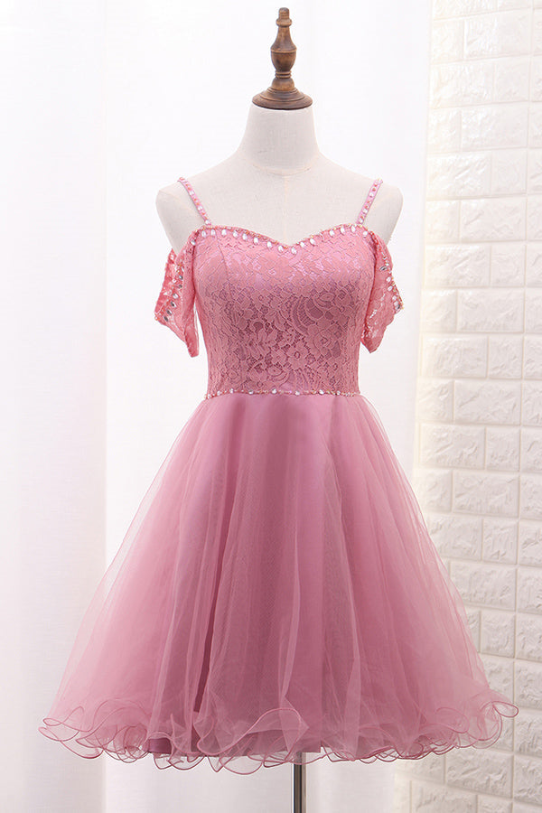 Straps Pink Beaded Tulle A-line Short Dress