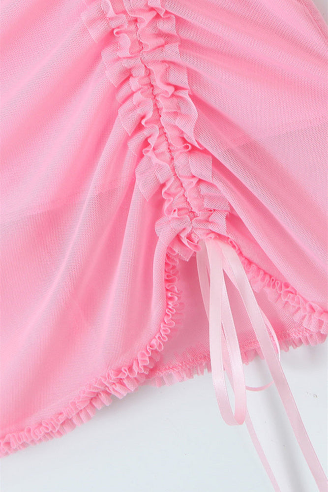 
                      
                        Straps Pink Drawstring Frill Mesh Short Dress
                      
                    