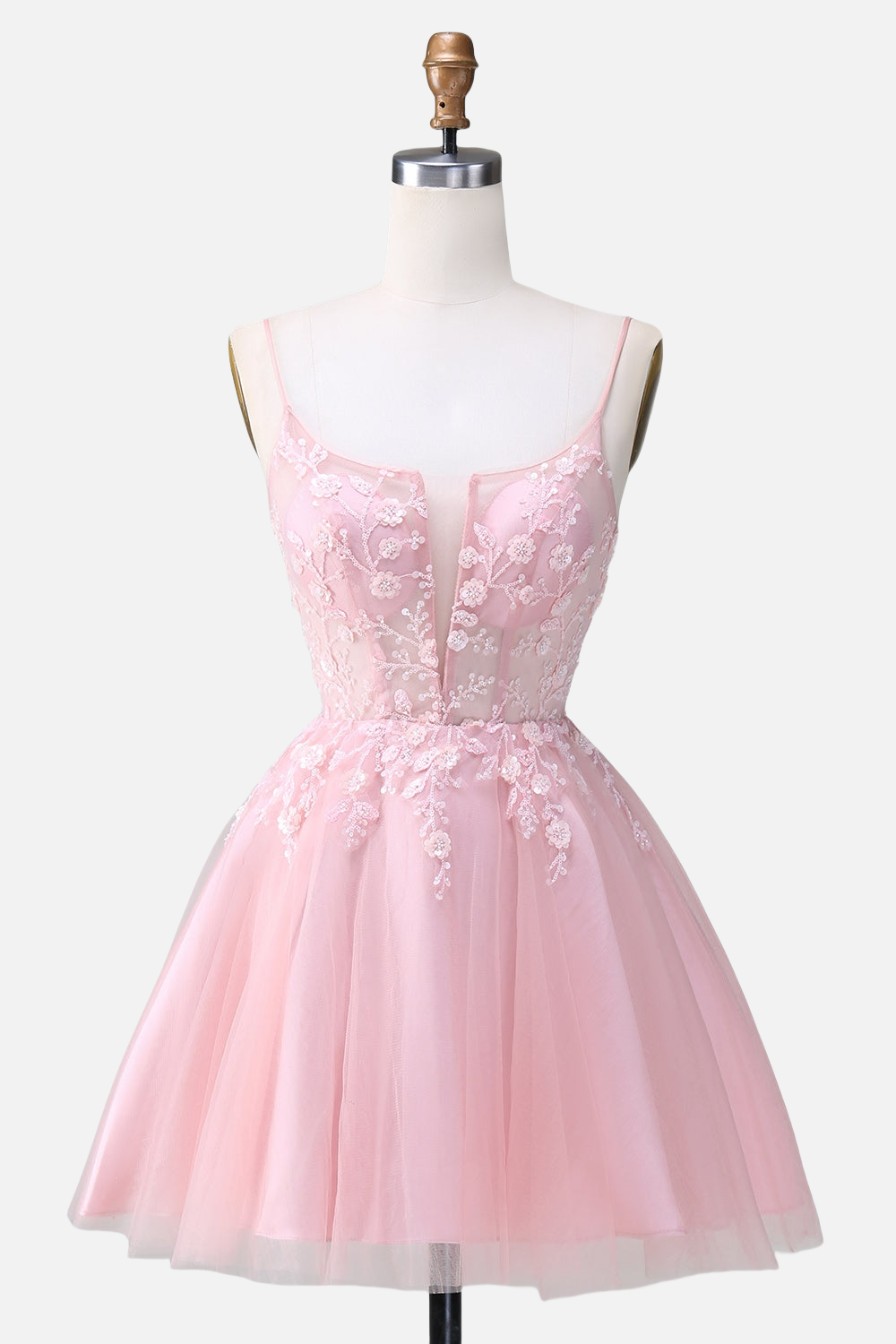 Straps Pink Floral Beaded Short Princess Dress