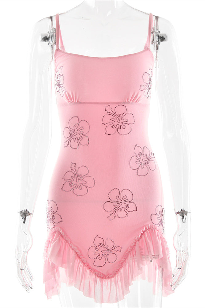 Straps Pink Floral Beaded Ruffled Short Dress