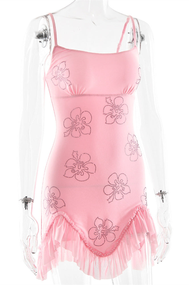 
                      
                        Straps Pink Floral Beaded Ruffled Short Dress
                      
                    