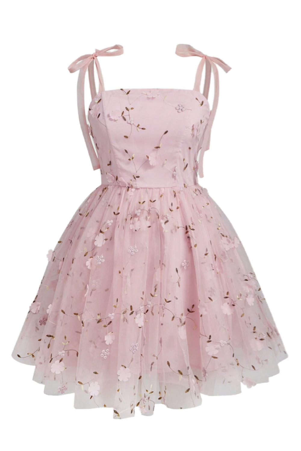 Straps Pink Floral Embroidery Short Princess Dress