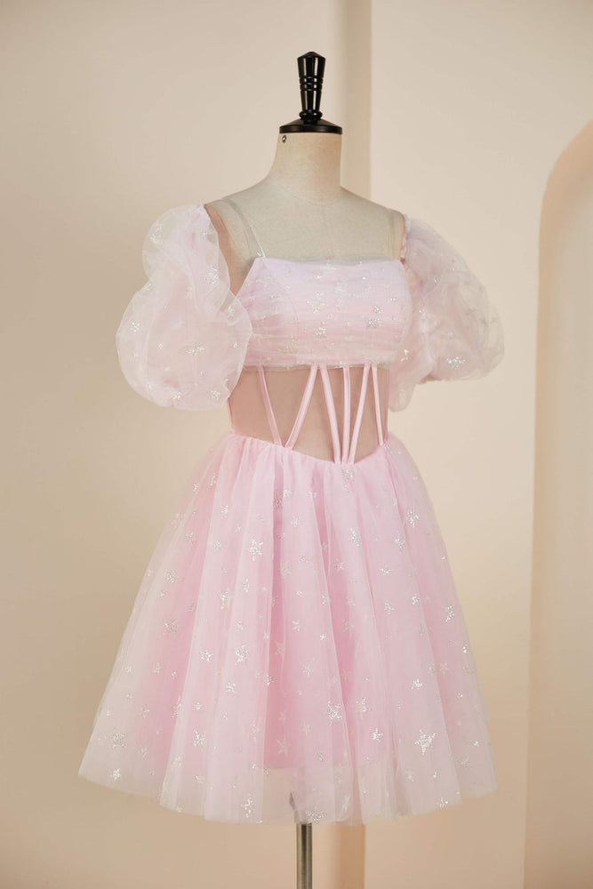 
                      
                        Straps Pink Homecoming Dress with Detachable Sleeves
                      
                    