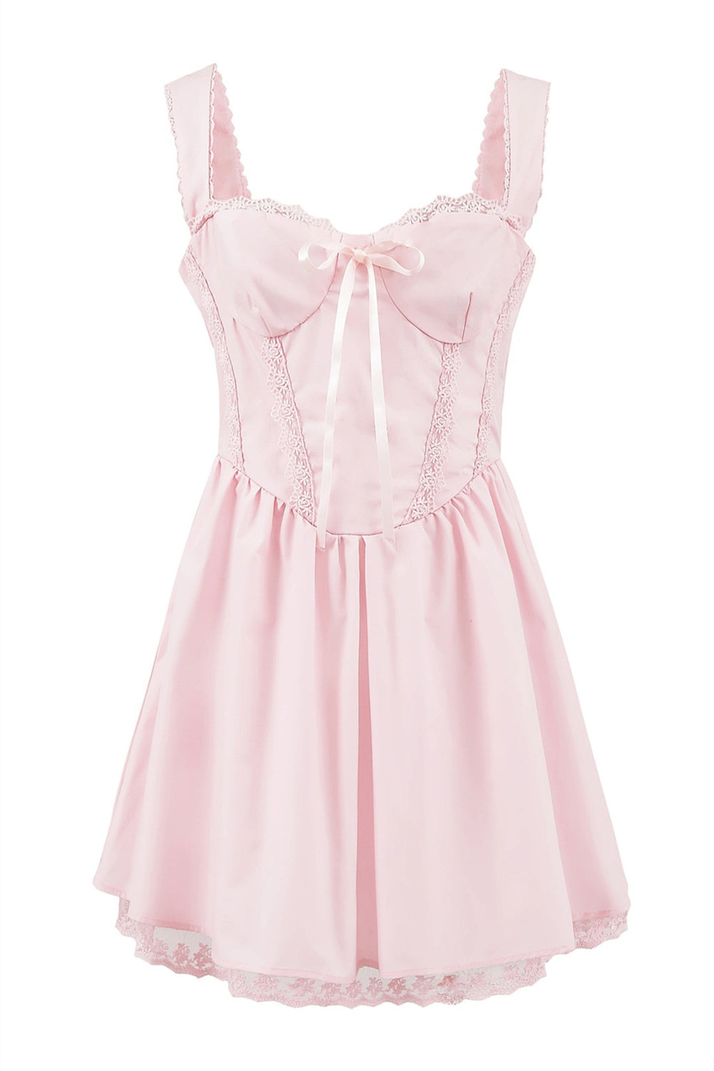 Straps Pink Lace Splicing Short Dress with Bow