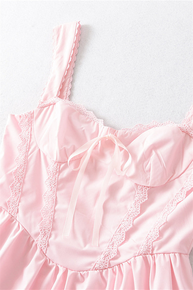 
                      
                        Straps Pink Lace Splicing Short Dress with Bow
                      
                    